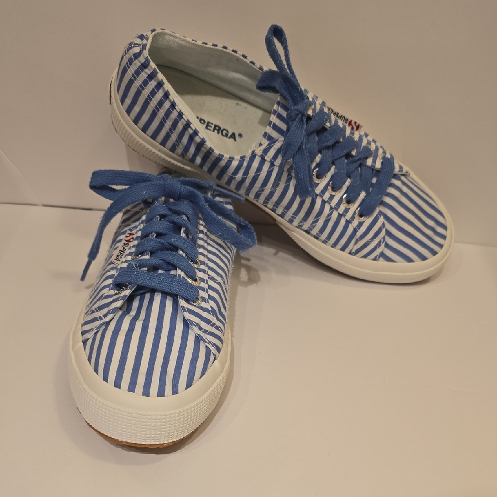 Superga Blue and White Striped Lace-Up Sneakers